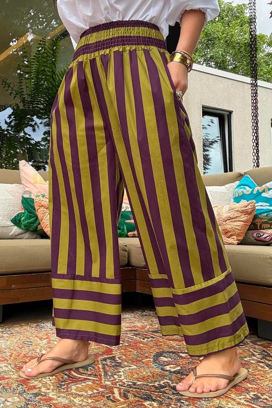Bloc Stripe Wide Leg Pant Aubergine & Olive